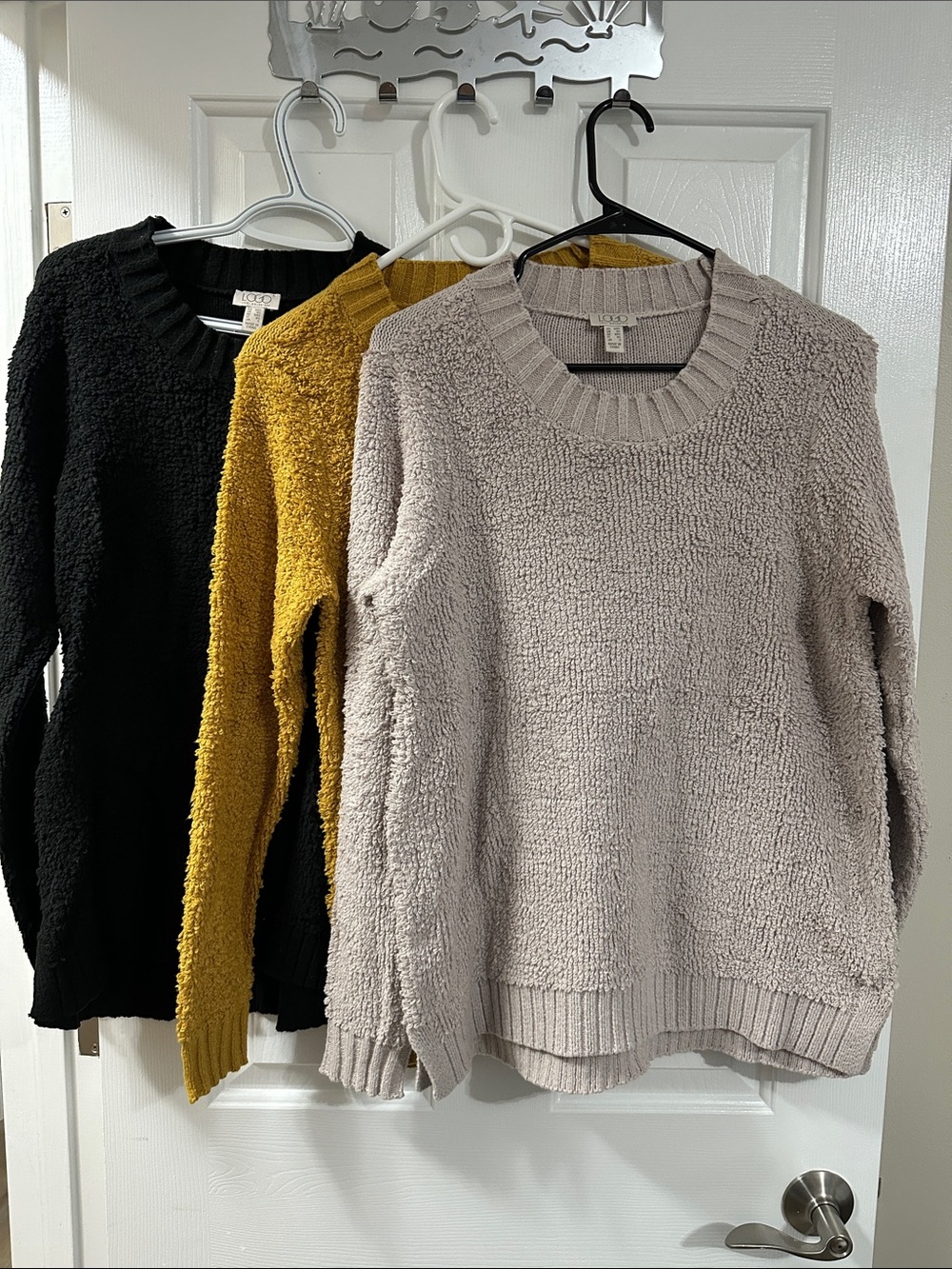 LOGO by Lori Goldstein Plush Crewneck Sweaters in Black, Mustard, Taupe New!